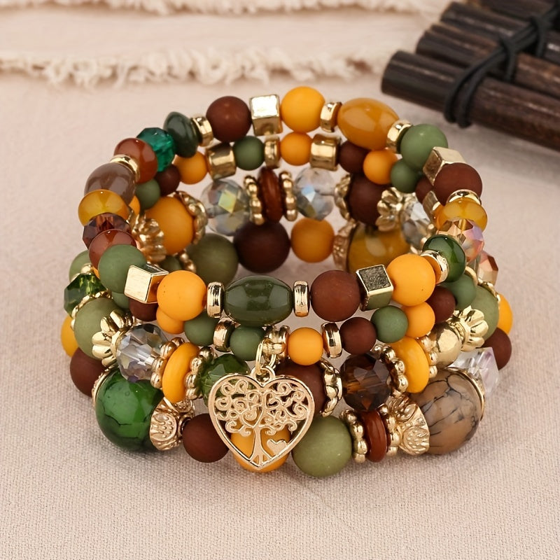 Boho Beaded Jewelry Set for Women – Multi-Layer Handmade Bracelets with Colorful Rice Beads, Hollow Heart Charm, and Artificial Crystal Accents – Festival-Ready Fashion Gift